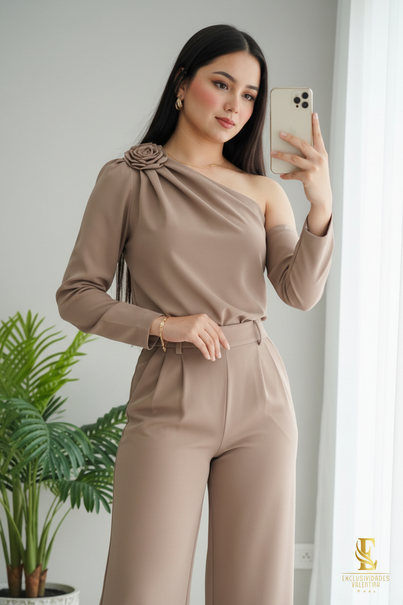 Conjunto Rosa Taupe — Top Hombro & Palazzo cod.0024