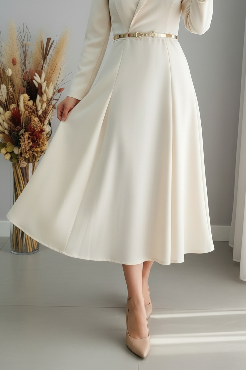 Vestido Ivory Tipo Blazer con Falda A-Line y Cinturón Dorado cod.V373