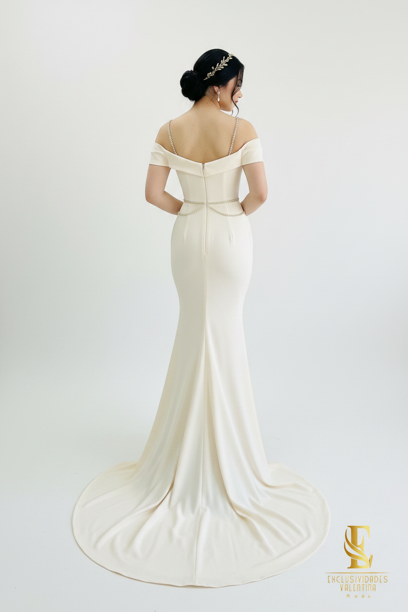 Vestido Marfil Sirena Off-Shoulder con Tirantes y Cadenas de Perlas cod.0070