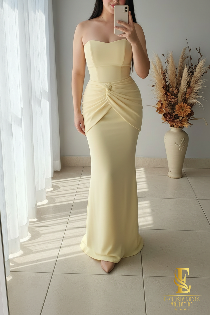 Vestido Sirena Amarillo Mantequilla | Strapless con Drapeado Anudado cod.V448