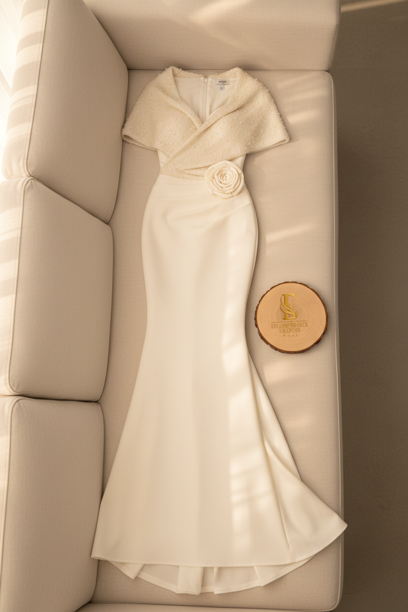 Vestido Sirena Marfil con Chalina de Perlas Exclusivo cod.799