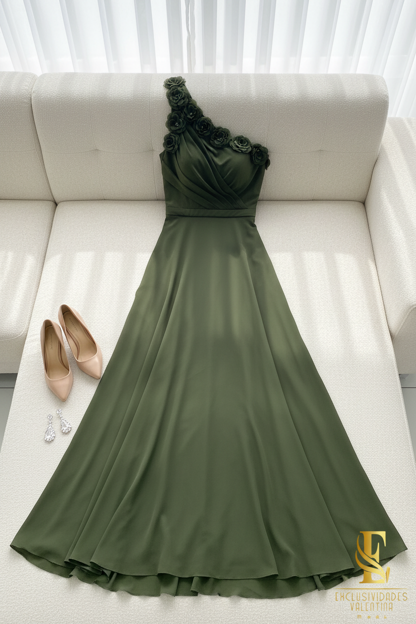 Vestido Verde Oliva Largo Un Hombro Rosas 3D Falda Evasé cod.V297