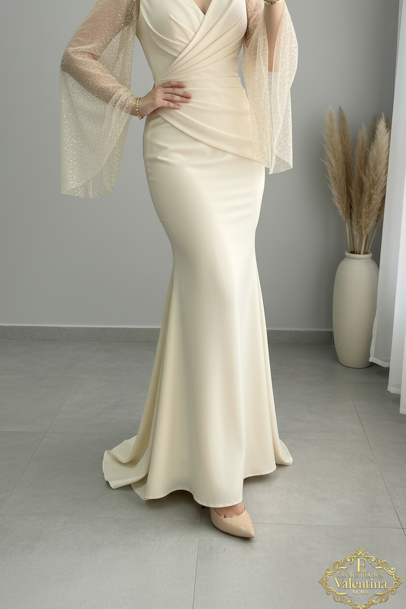 Vestido Champagne Escote V Mangas Campana Tul Cristales Sirena cod.929