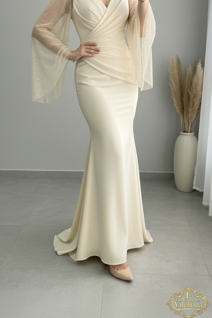 Vestido Champagne Escote V Mangas Campana Tul Cristales Sirena cod.929