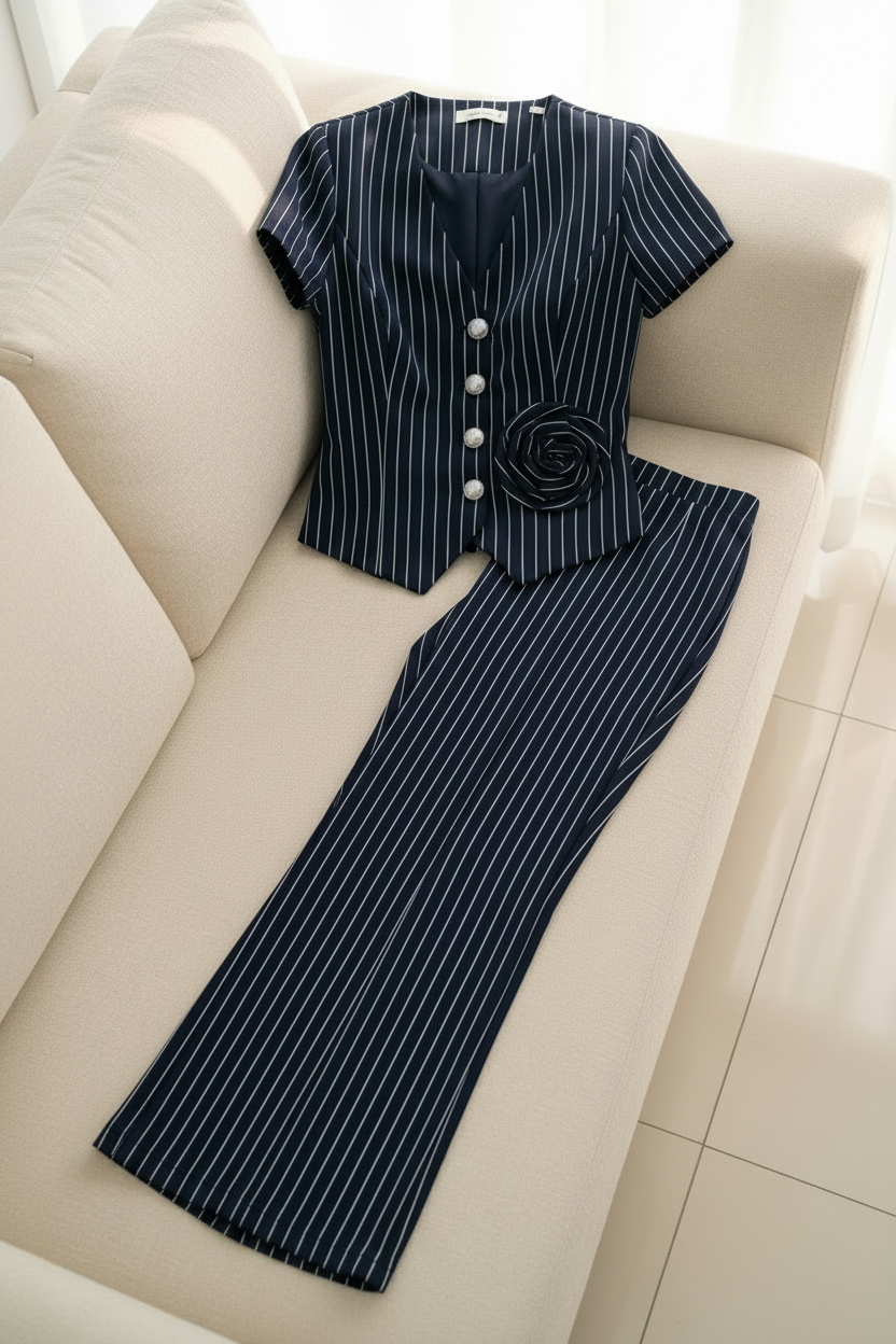 Conjunto Formal Navy Rayas Blazer Botones Perla Rosa 3D y Palazzo cod.C0035
