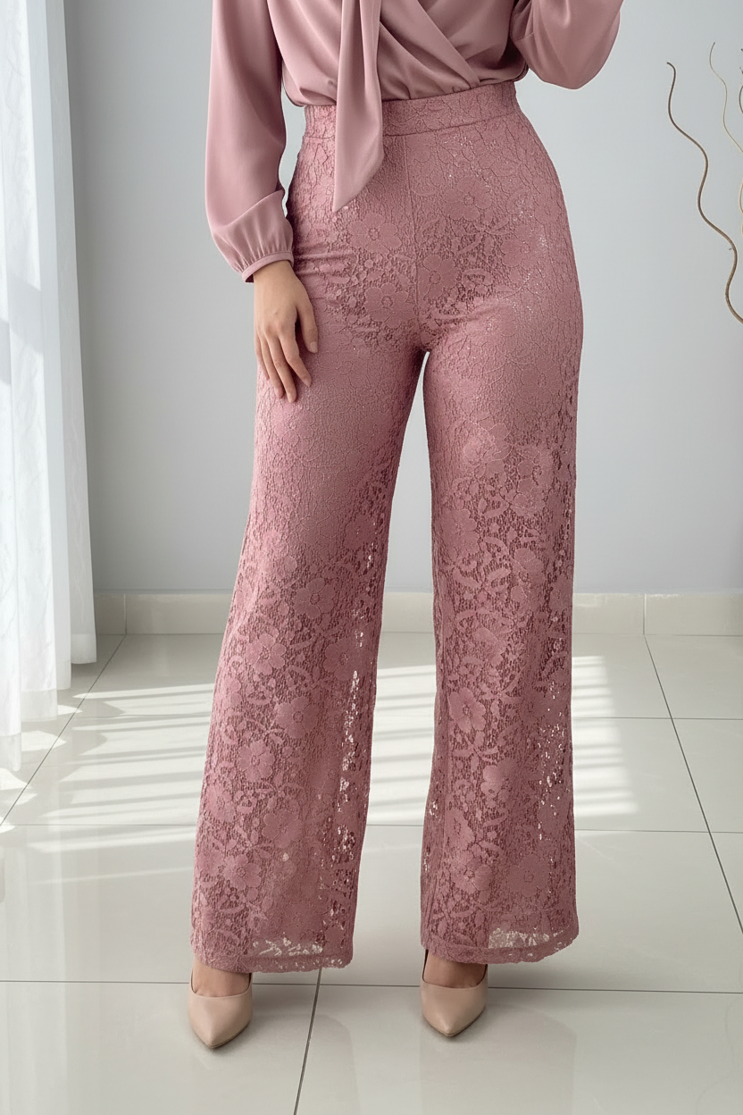 Conjunto Rosa Palo Top Cruzado Manga Globo Rosa 3D Palazzo Encaje C321