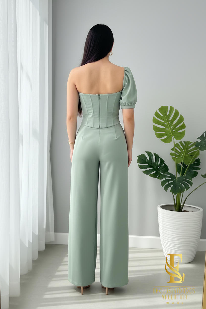 Conjunto Verde Menta — Corset Rosa 3D & Palazzo cod.0032