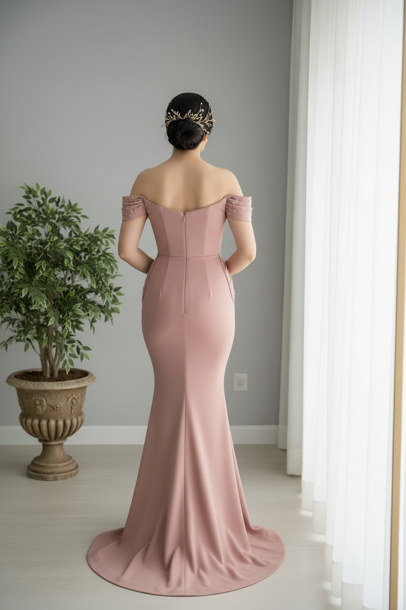 Vestido Rosa Palo Off-Shoulder Perlas Sirena cod.0022