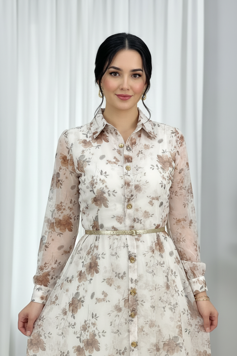 Vestido Floral Crema — Chiffon Botones Dorados cod.858