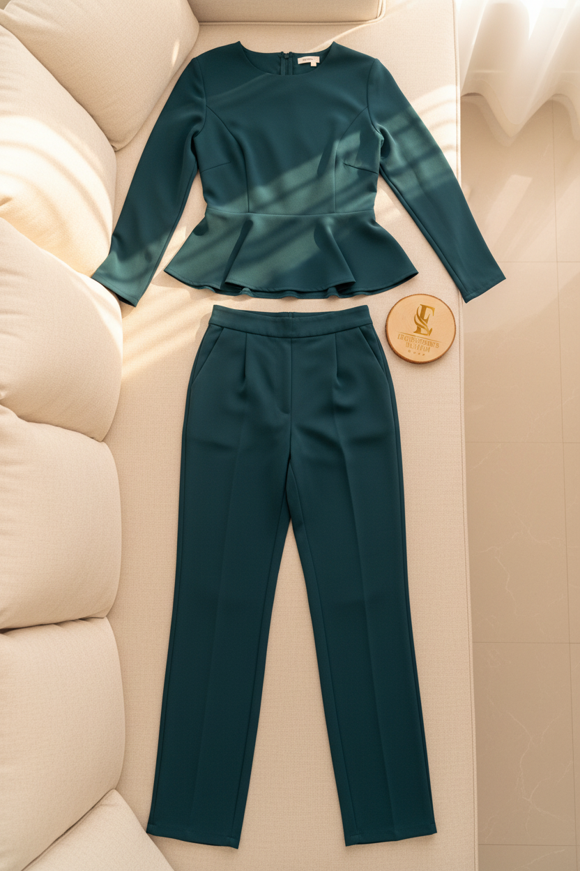 Set Teal Blus Peplum con Pantalón Recto Exclusivo cod.803