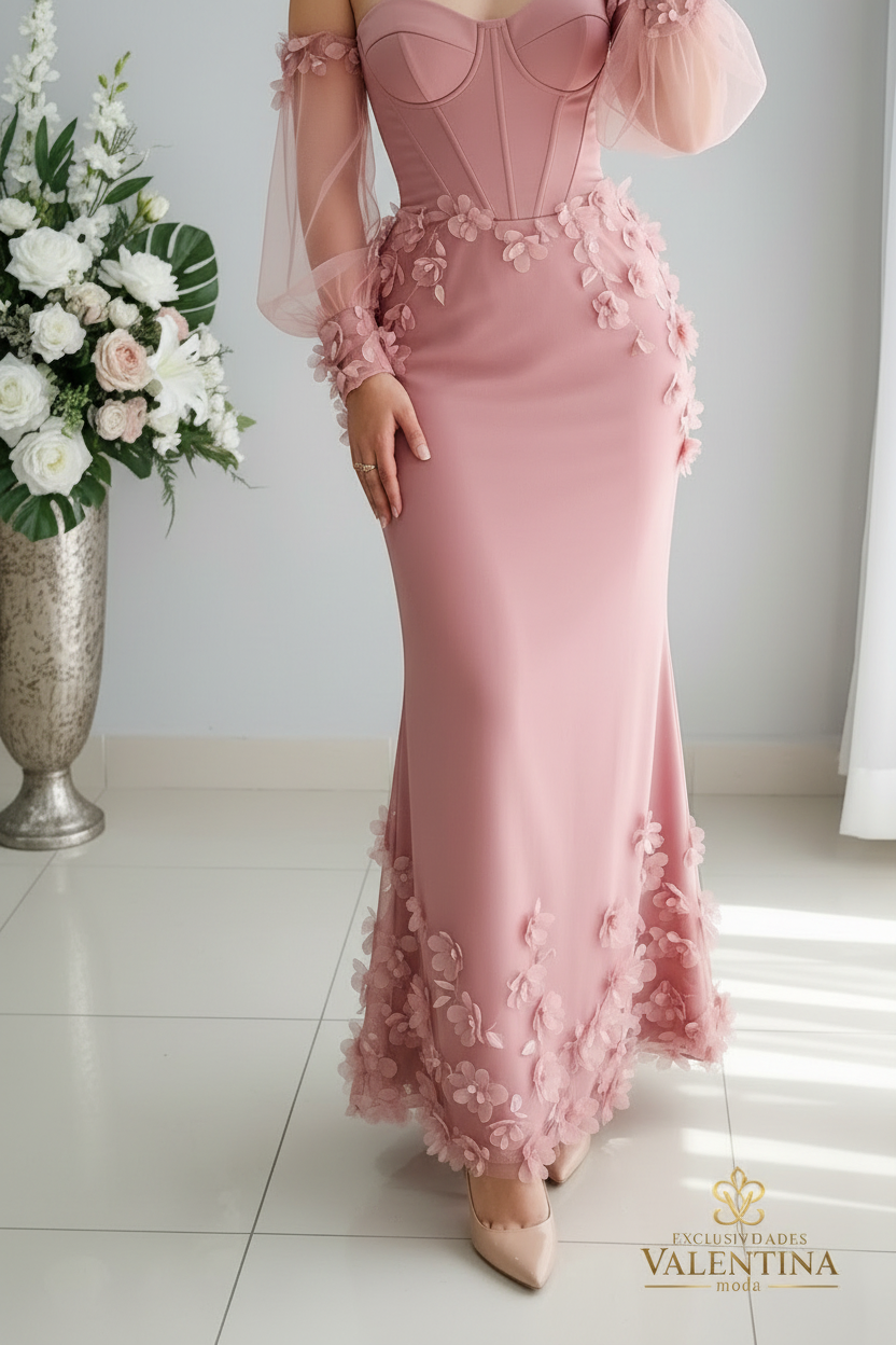 Vestido Rosa Sirena Corset con Mangas Tul Abullonadas y Flores D cod.V536