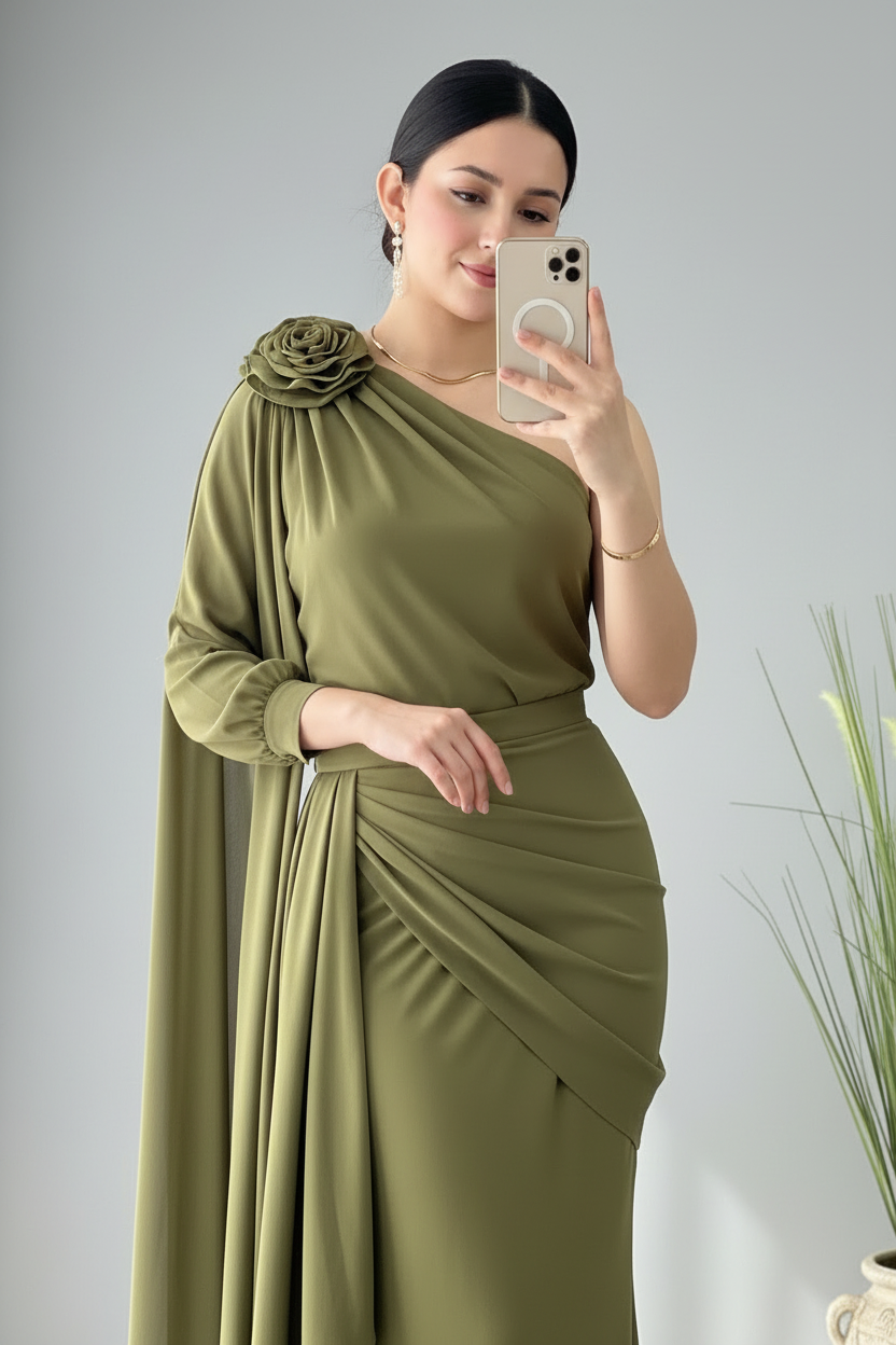 Vestido Verde Oliva Un Hombro Rosa 3D con Manga Capa y Drapeado 809