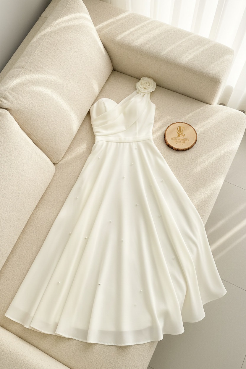 Vestido Blanco Marfil Un Hombro Drapeado Flor 3D Falda A-line Satin Perlas Tea Length cod.847