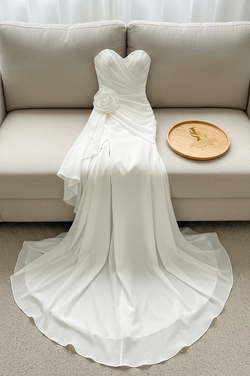Vestido Blanco Strapless Sirena con Rosa 3D y Train cod.971