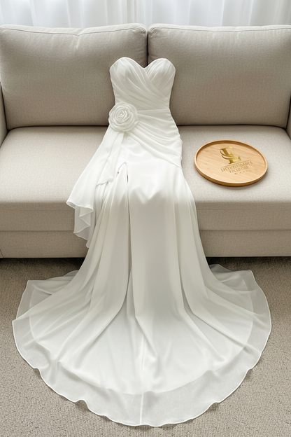 Vestido Blanco Strapless Sirena con Rosa 3D y Train cod.971