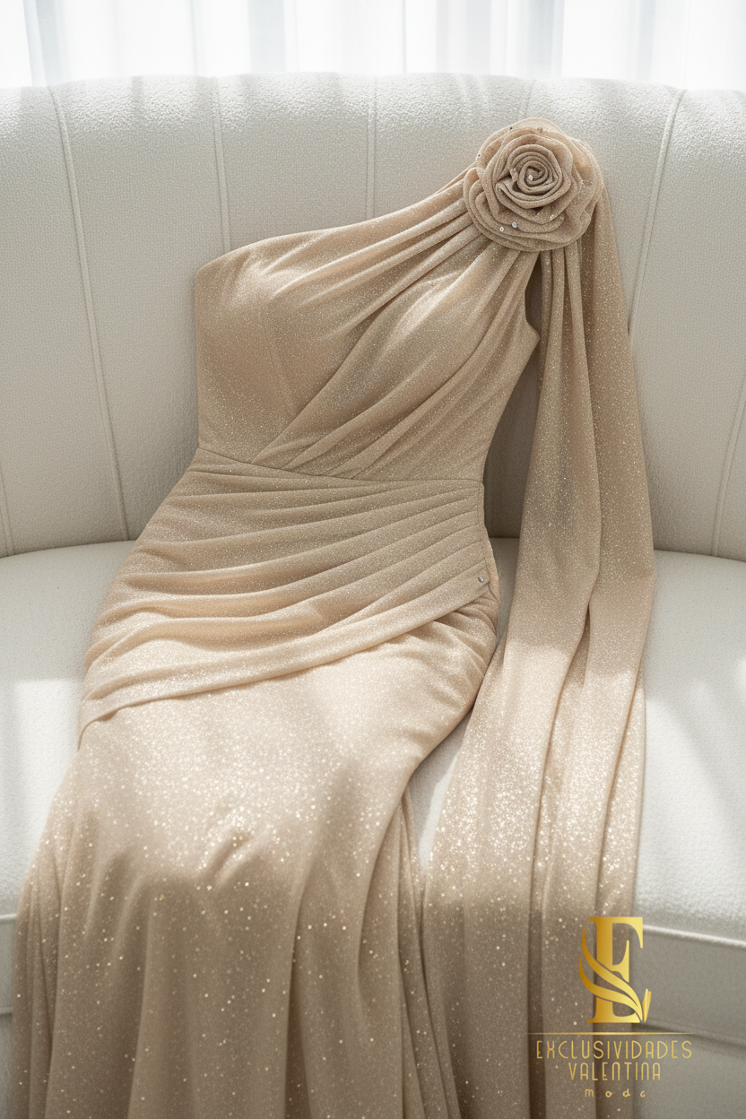 Vestido Sirena Champagne Dorado Un Hombro con Rosa Espiral y Capa Drapeada cod.V251