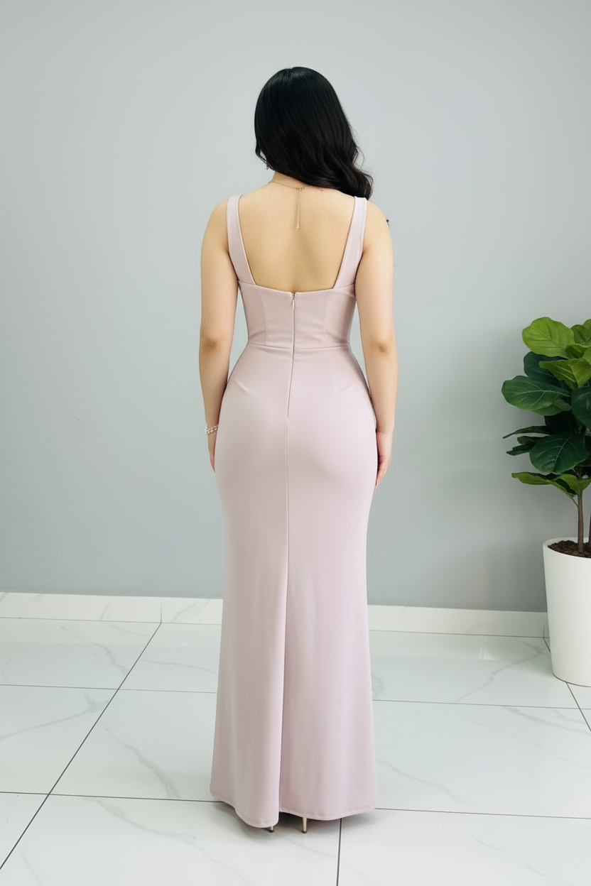 Vestido Formal Blush Rosa Palo Escote V con Drapeado Diagonal y Abertura Frontal cod.559