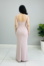 Vestido Formal Blush Rosa Palo Escote V con Drapeado Diagonal y Abertura Frontal cod.559