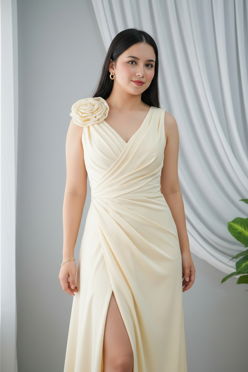 Vestido Amarillo Mantequilla Sin Mangas Cruzado con Rosa 3D y Abertura Maxi cod.986