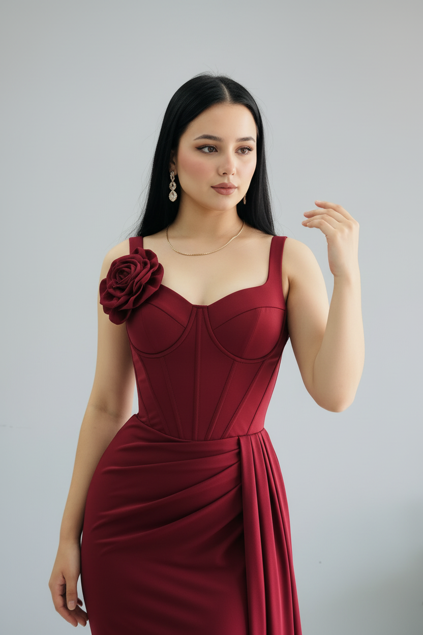 Vestido Rouge Siren – Gown Borgoña con Rosa & Cola Dramática cod.669