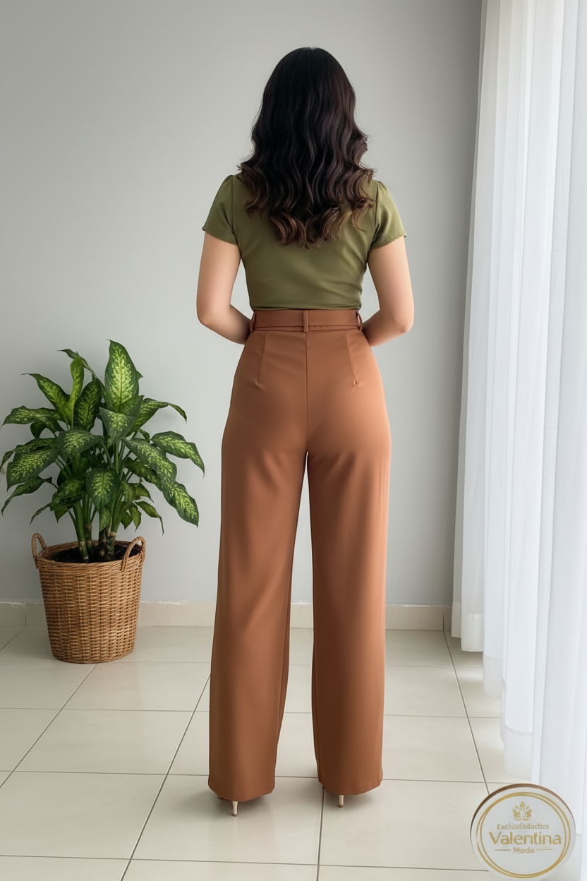 Conjunto 2 Piezas Top Verde Oliva Rosa 3D y Palazzo Terracota cod.00137