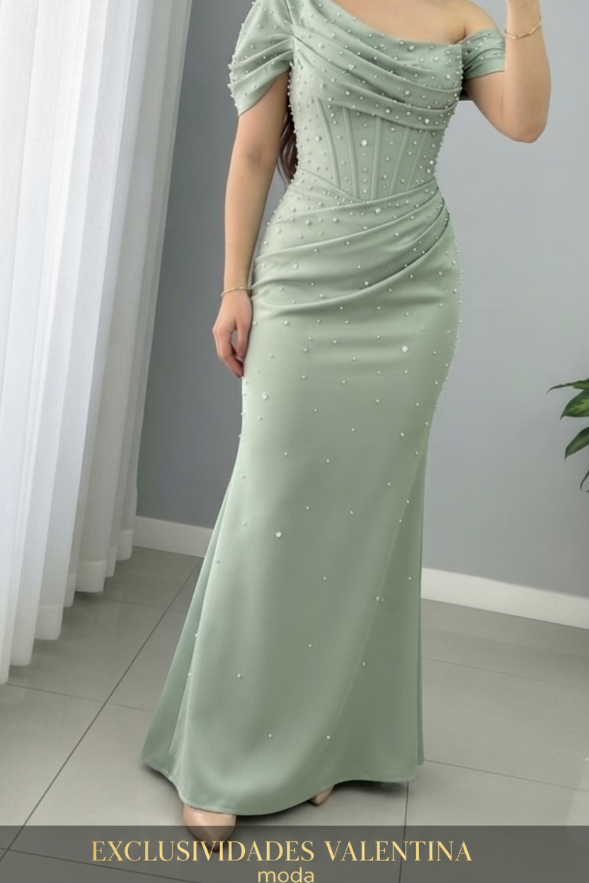 Vestido Sirena Verde Salvia con Perlas y Escote Asimétrico cod.V850