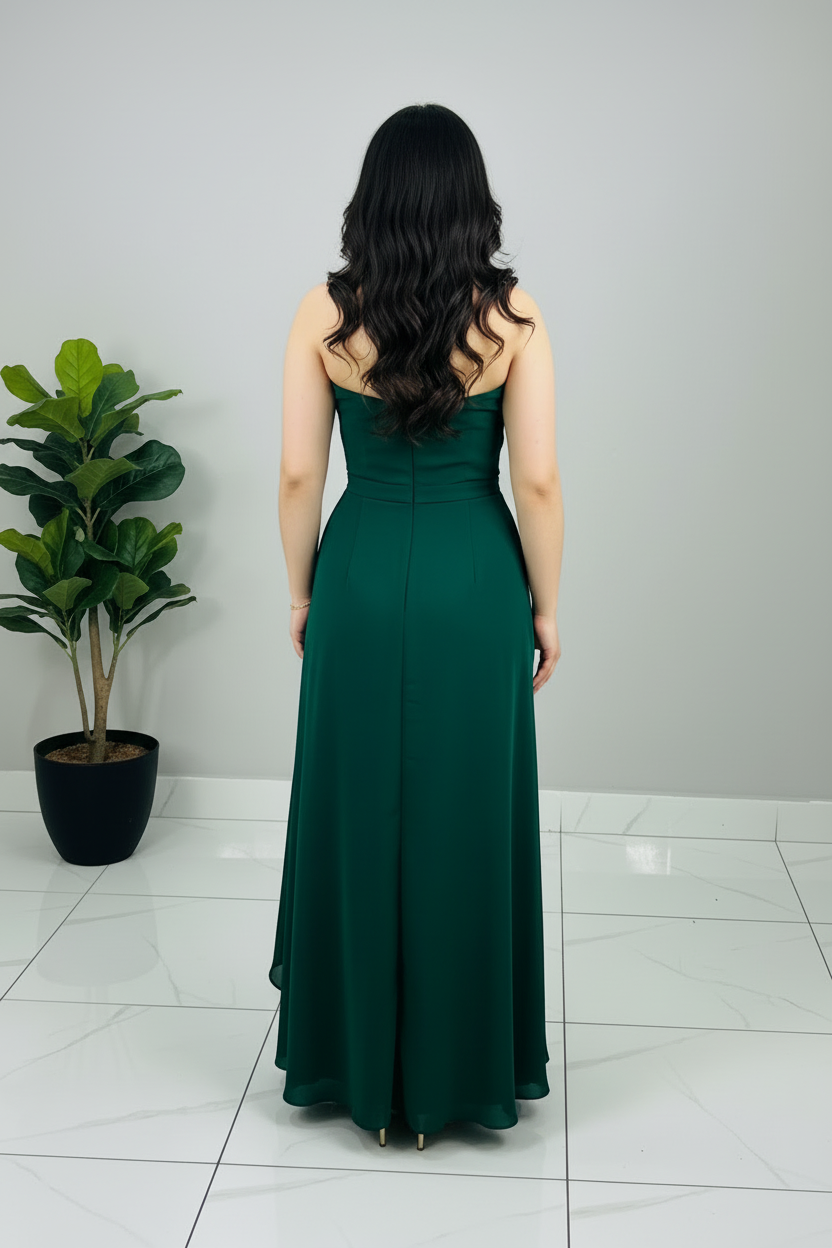 Vestido Formal Verde Esmeralda Strapless con Rosa 3D y Falda Drapeada de Gasa cod.537