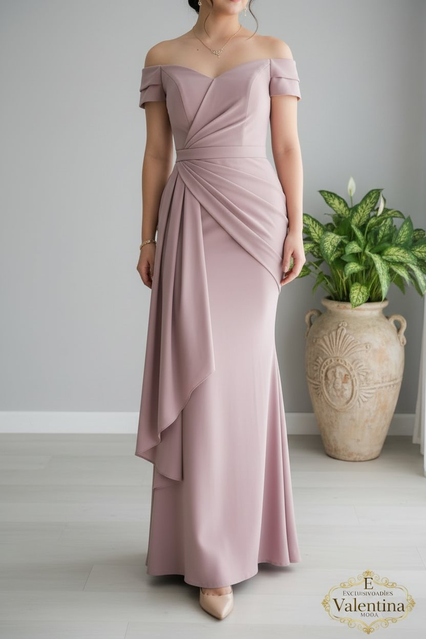 Vestido Rosa Palo Off-Shoulder Drapeado Capas cod.918