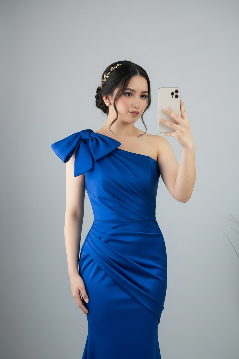 Vestido Azul Rey Un Hombro Lazo cod.0014