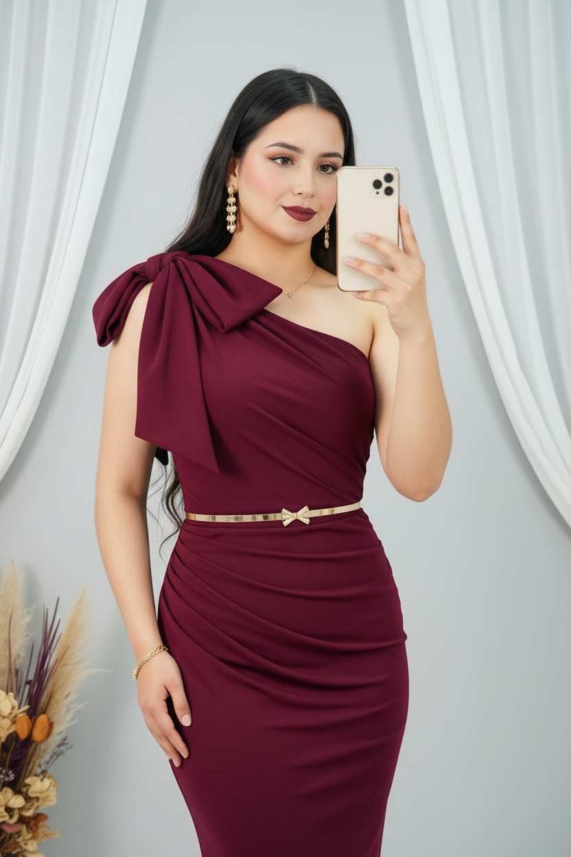 Vestido Vino Un Hombro Lazo Dorado cod.V308