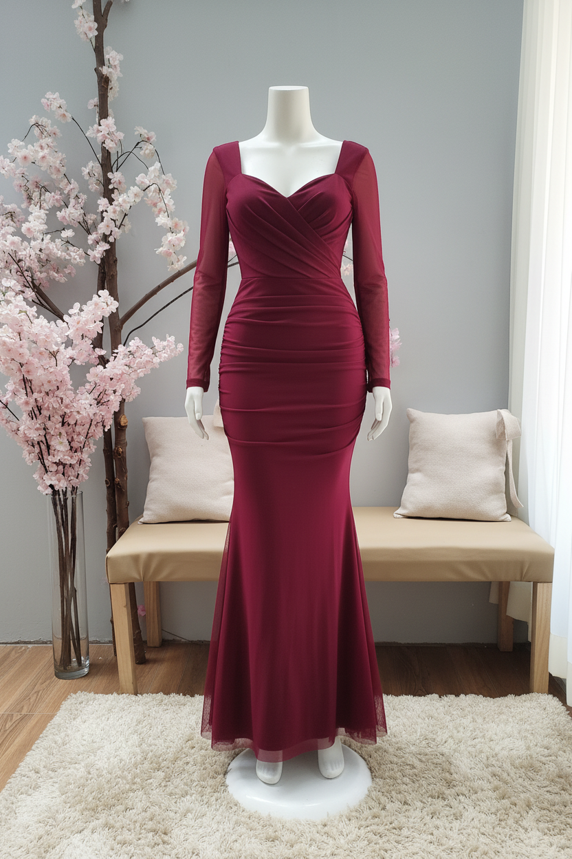 Vestido Vino Sirena con Tul y Drapeado cod.V361
