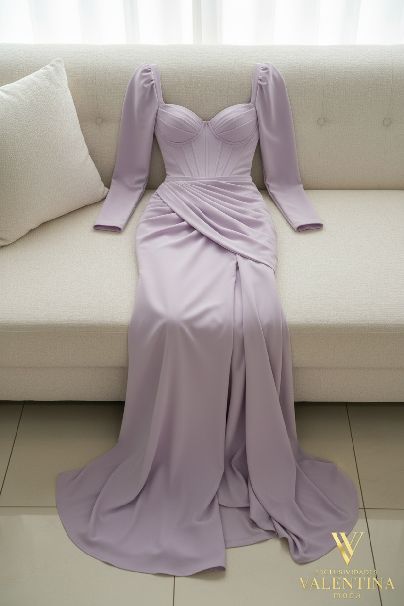 Vestido Lila Manga Larga con Corset y Abertura Frontal cod.V530