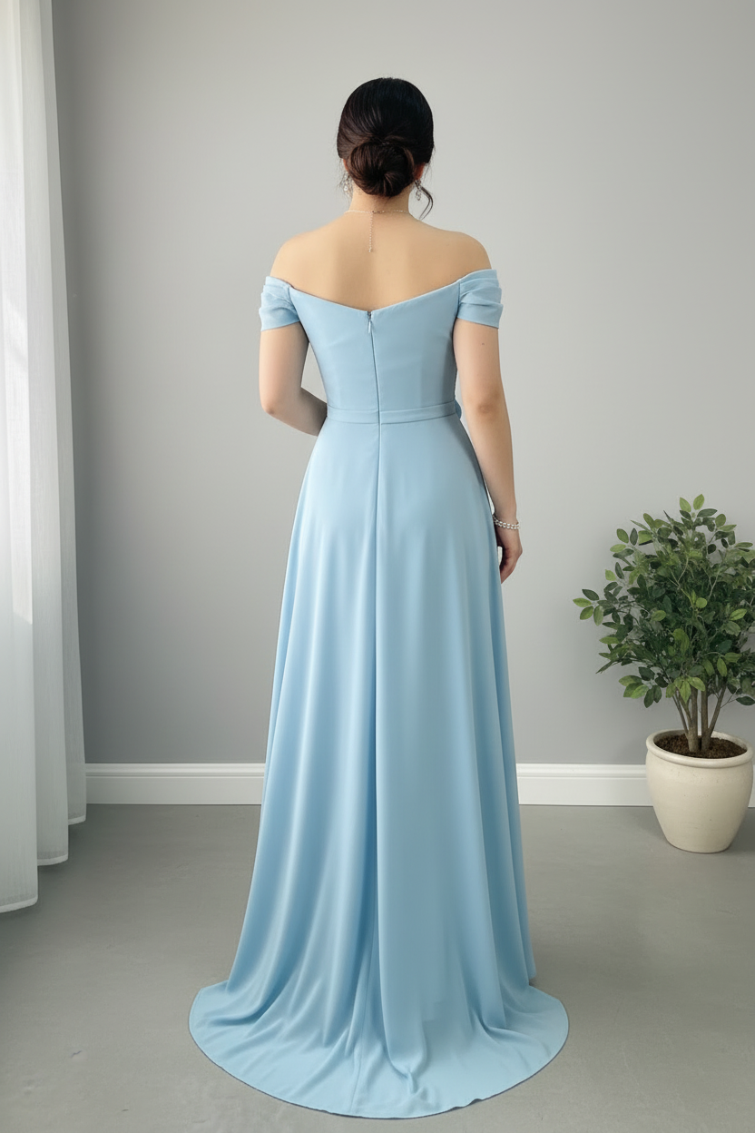 Vestido Azul Cielo — Rosa 3D & Hombros Descubiertos cod.855