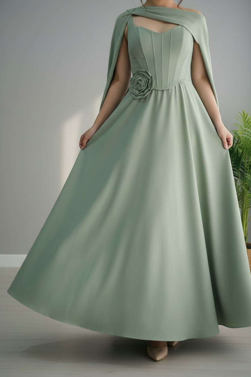 Vestido Verde Menta Corset con Capa Rosa 3D y Falda Amplia cod.732