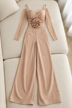 Enterizo nude bustier cruzado con rosa 3D y mangas de perlas cod. E0014