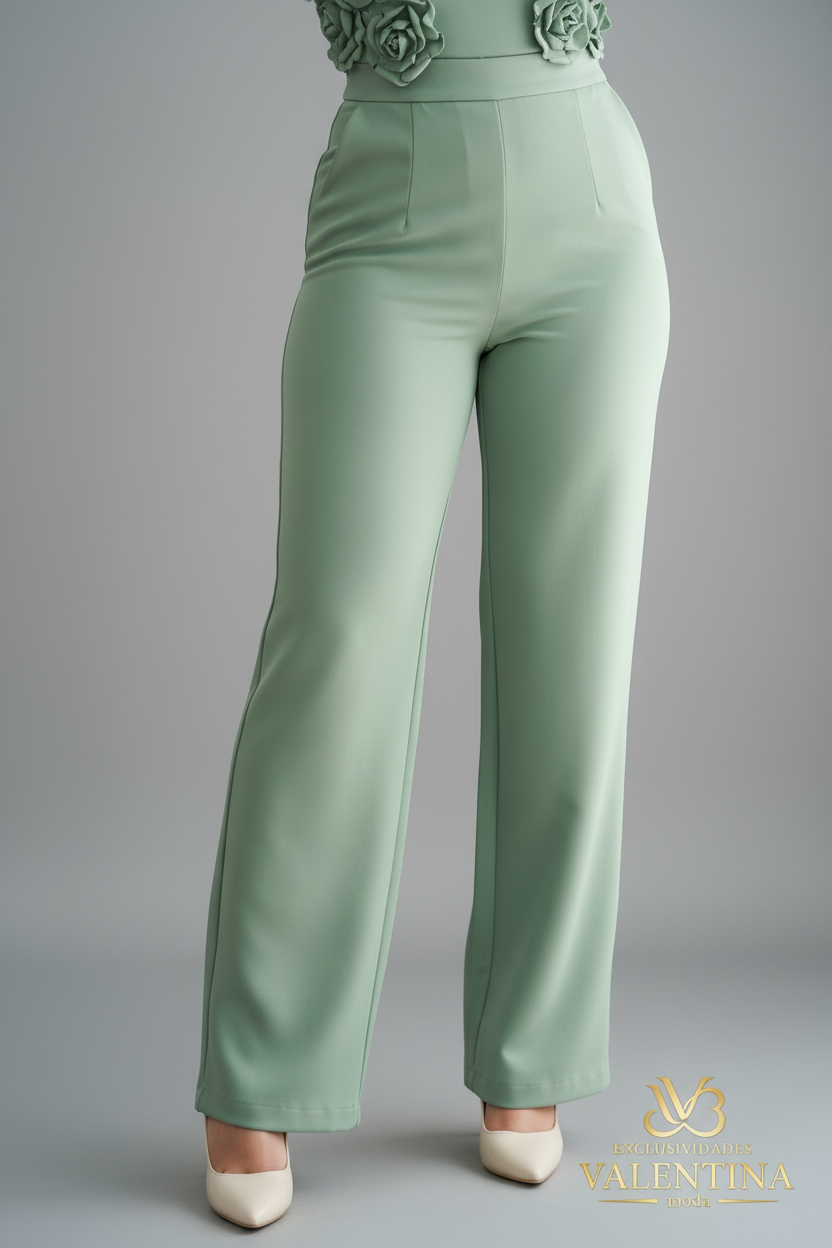 Enterizo Verde Sage Strapless con Rosas 3D y Pantalón Recto cod.E535
