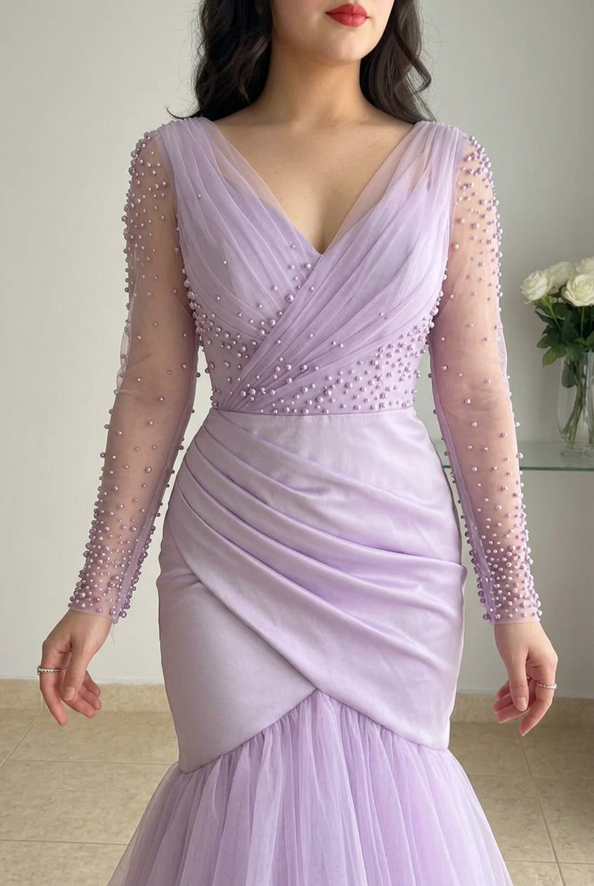 Vestido largo lila con mangas de perlas y falda de tul en capas cod. VC028