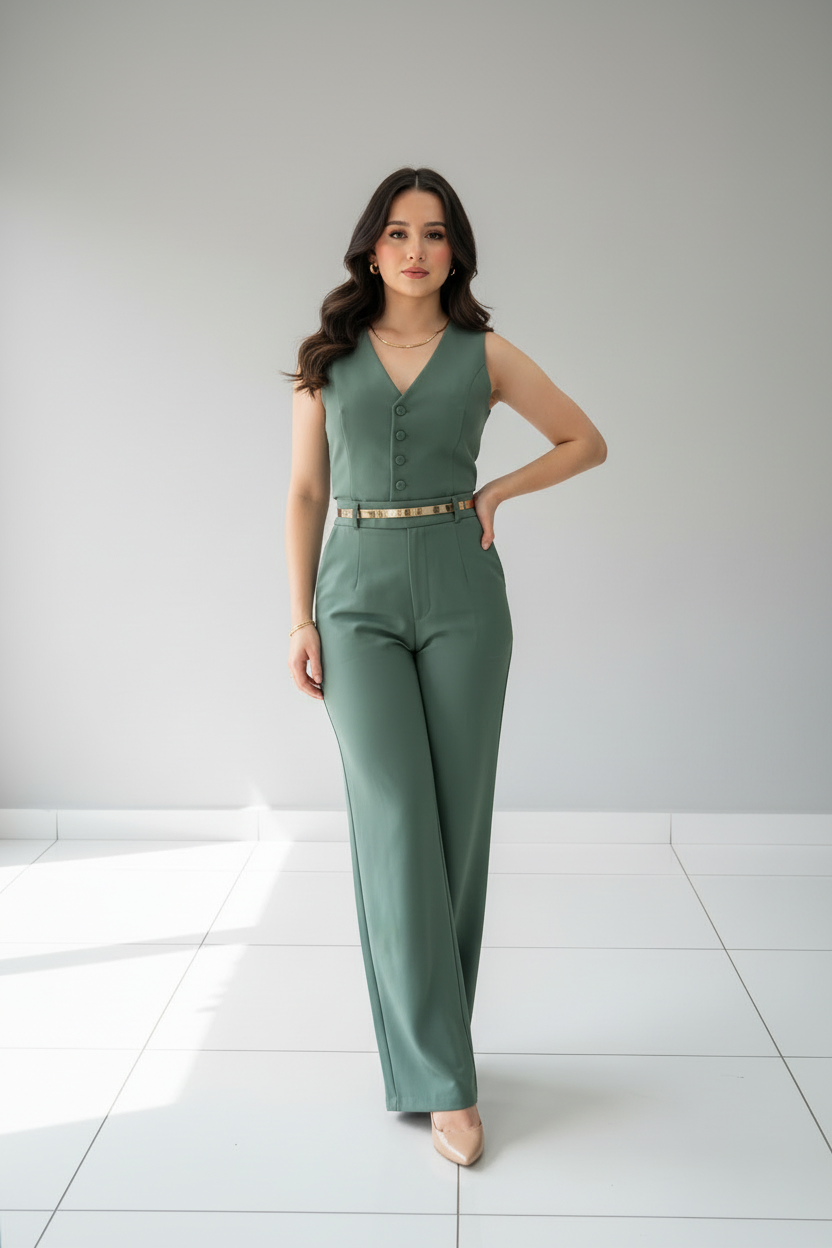 Conjunto Dos Piezas Verde Sage Chaleco con Botones y Pantalón Palazzo cod.533