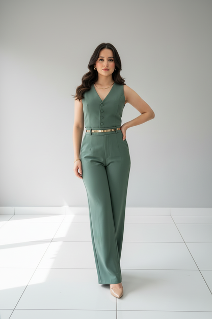 Conjunto Dos Piezas Verde Sage Chaleco con Botones y Pantalón Palazzo cod.533