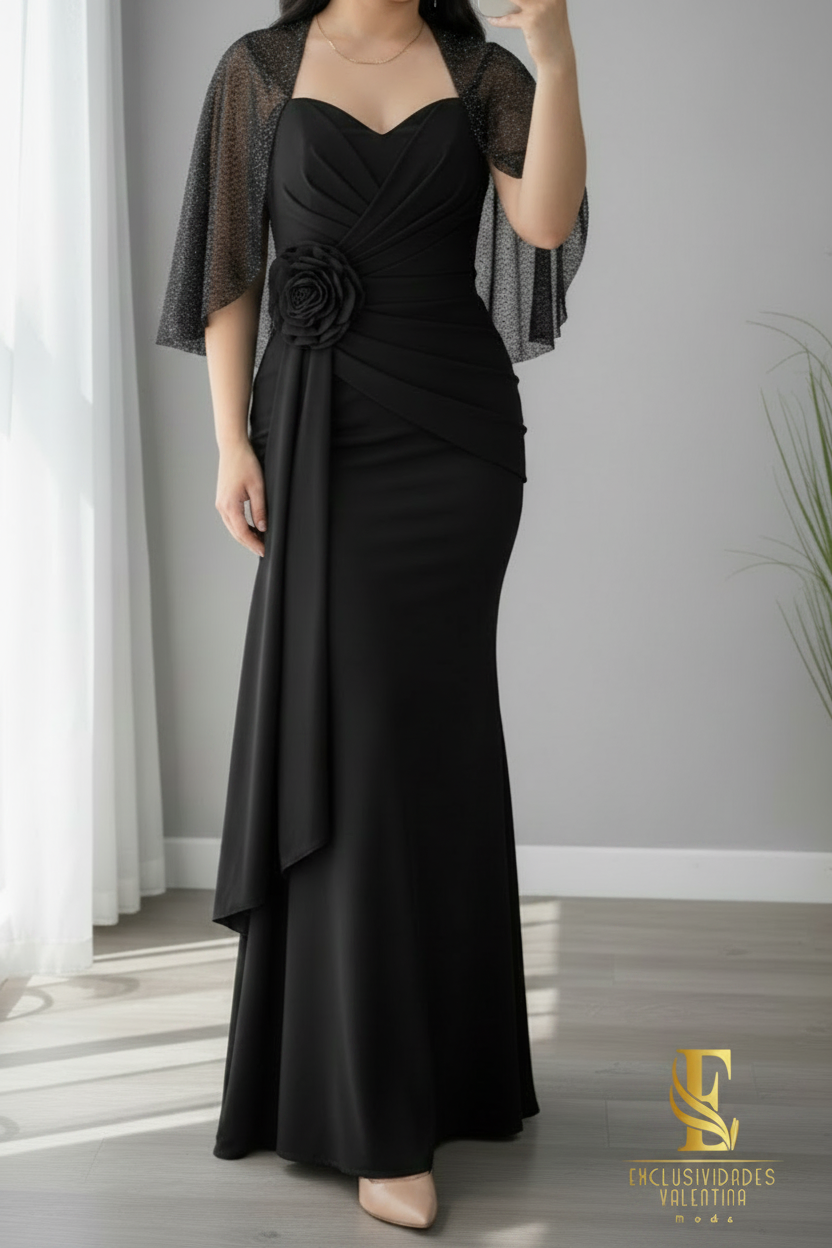Vestido Negro Sirena con Capa de Tul Brillos y Rosa D cod.V277