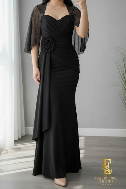 Vestido Negro Sirena con Capa de Tul Brillos y Rosa D cod.V277