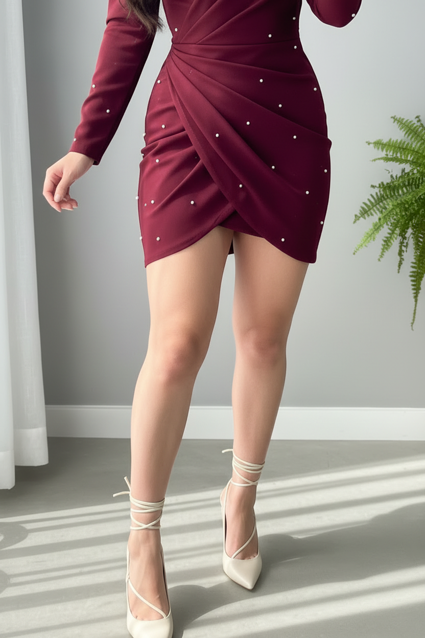 Vestido Vino Manga Larga con Pedrería cod.946