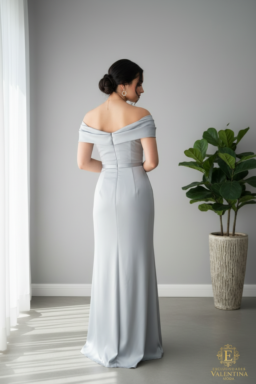 Vestido Gris Perla Off-Shoulder Drapeado Abertura cod.924