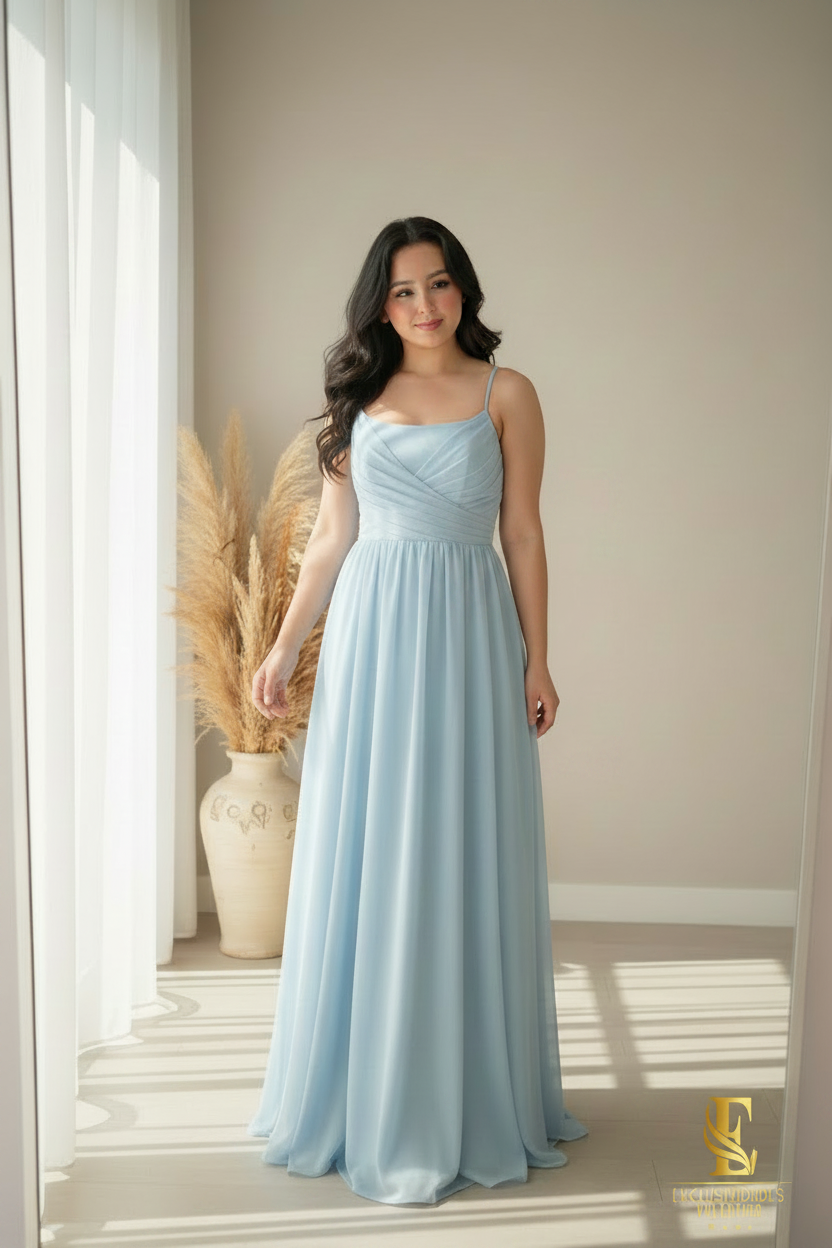 Vestido Azul Cielo Chifón A-Line con Tirantes y Cuerpo Drapeado cod.0079