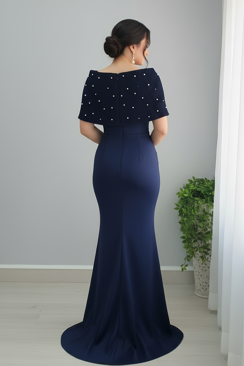 Vestido Sirena Azul Marino con Perlas y Rosa 3D Exclusivo cod.805