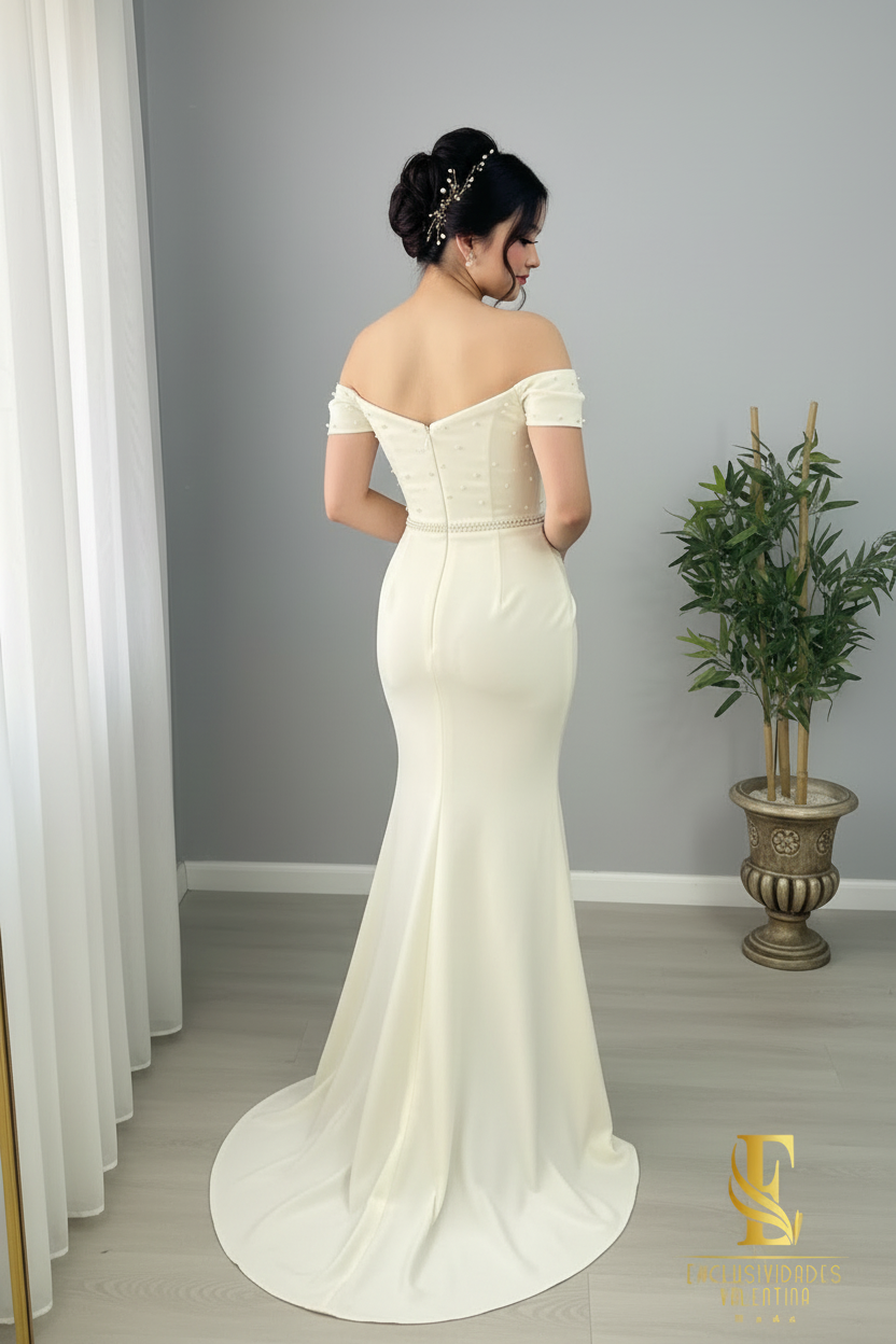 Vestido Marfil Sirena Off-Shoulder con Perlas Dispersas y Abertura cod.0074