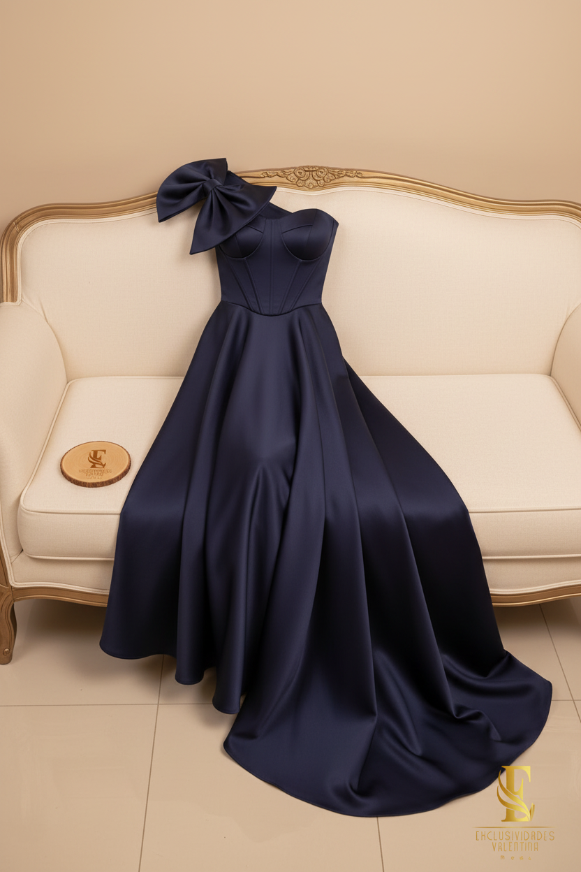Vestido Azul Marino Satén Moño Corsé High-Low cod.001