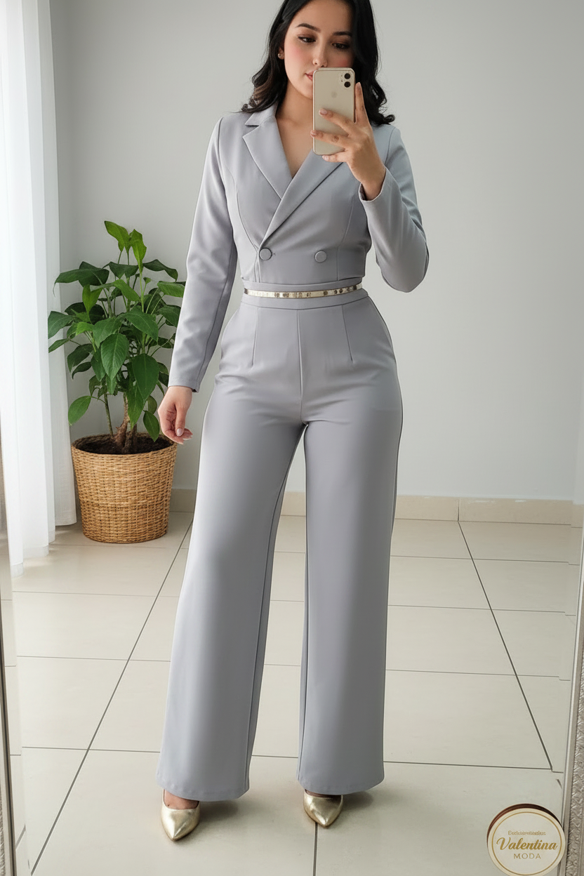 Conjunto 2 Piezas Gris Perla Blazer Cropped Doble Botonadura y Palazzo cod.00144