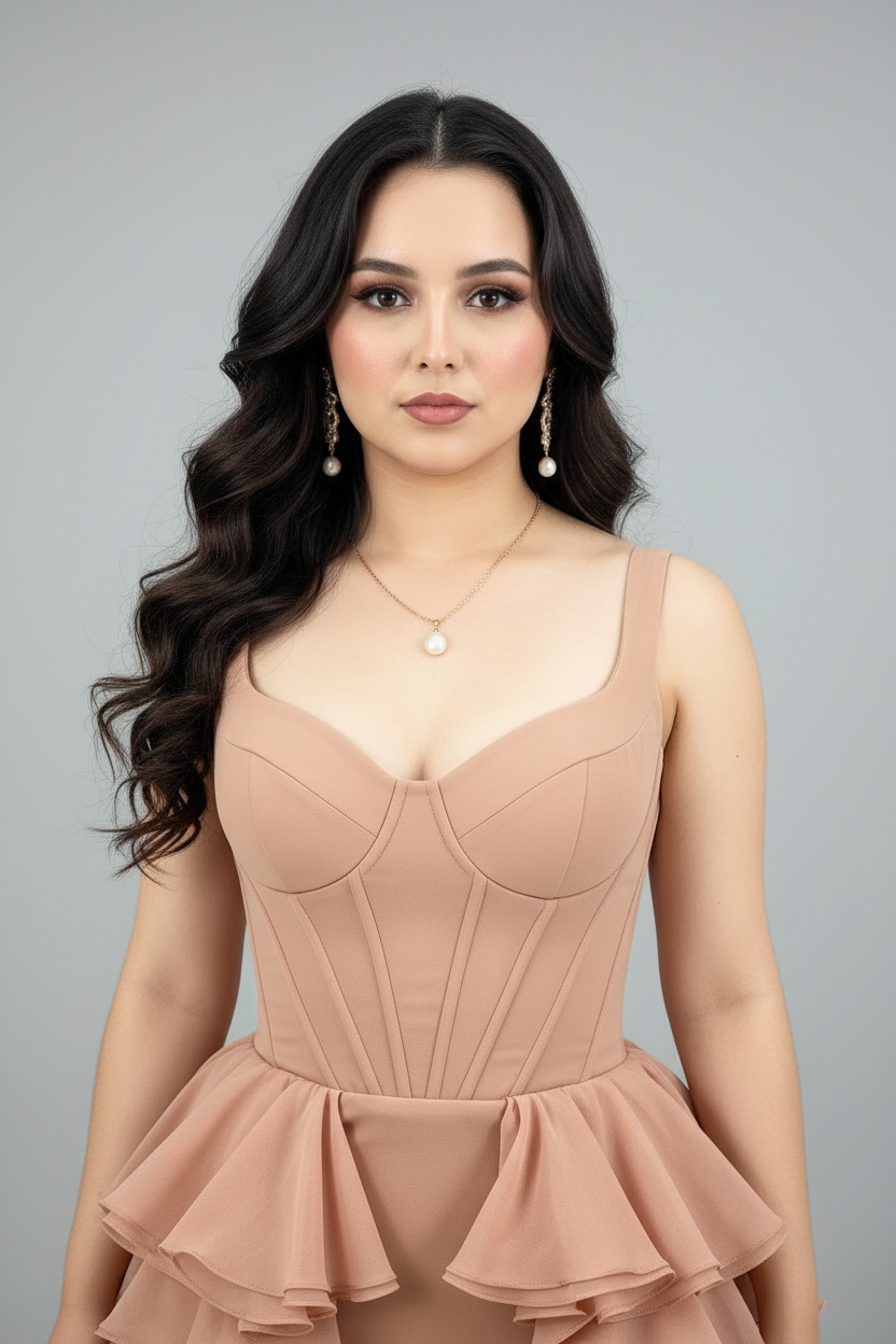 Vestido Nude Corsé Ruffle Cascade con Abertura cod.585