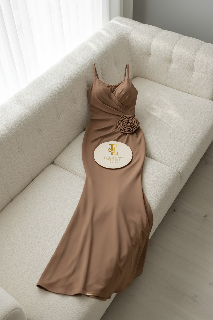 Vestido Sirena Café con Rosa en Cadera cod.0061
